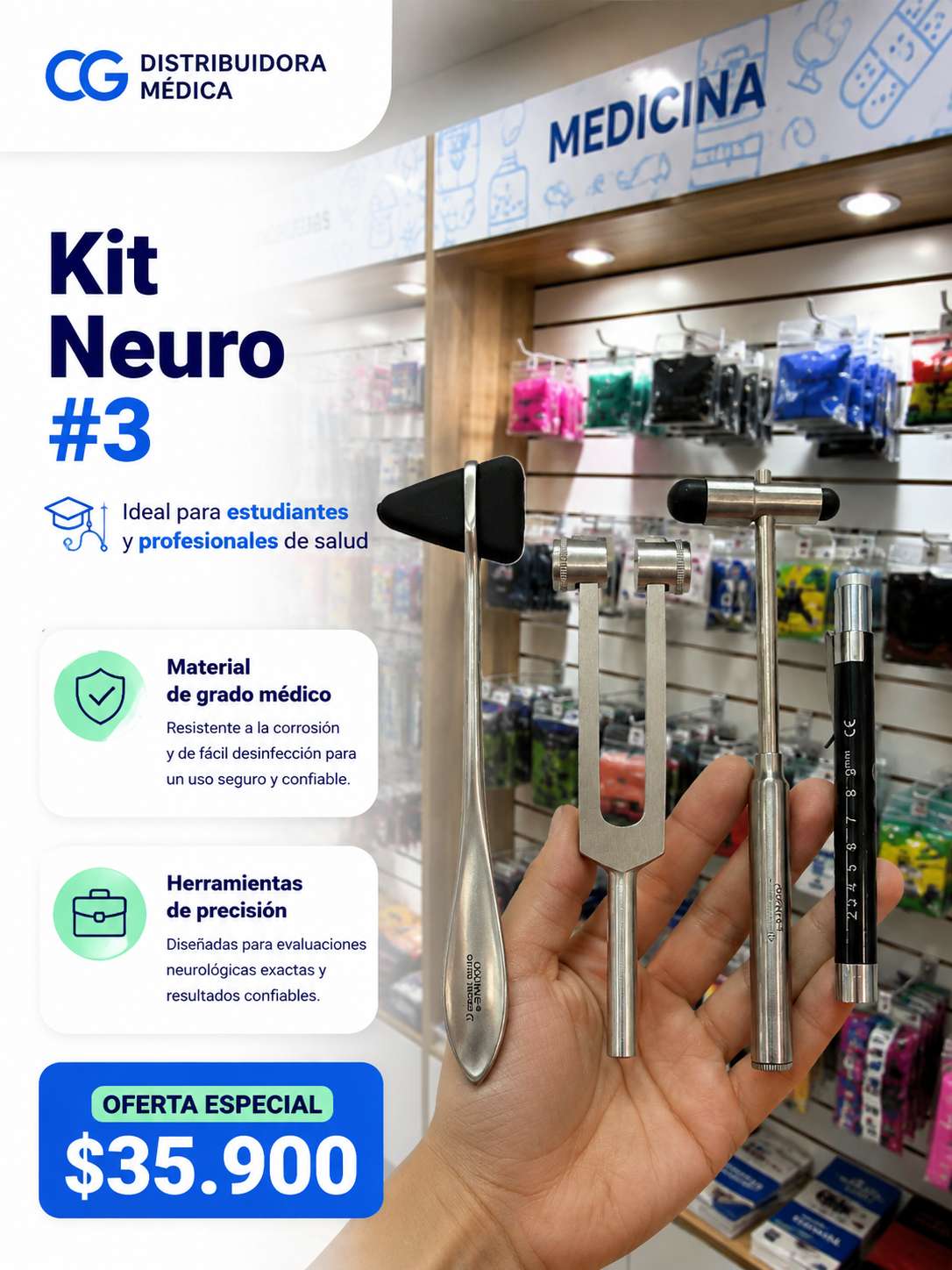 Kit Neuro #3 Martillos Reflejo Diapason Linterna Examen Medico Fisico Ogdmve